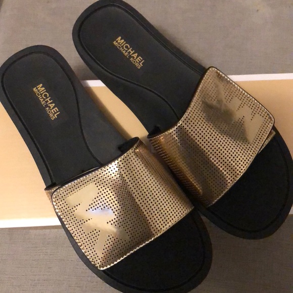 michael kors black and gold slides